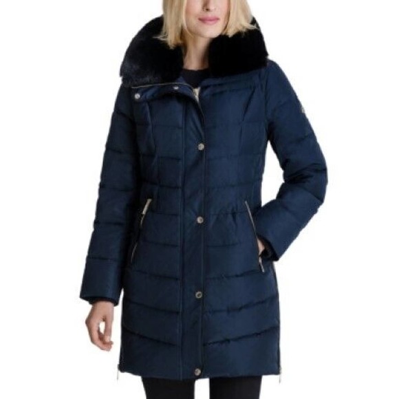 Michael Michael Kors Faux-Fur Collar Down Puffer Coat Womens XXS Navy Blue